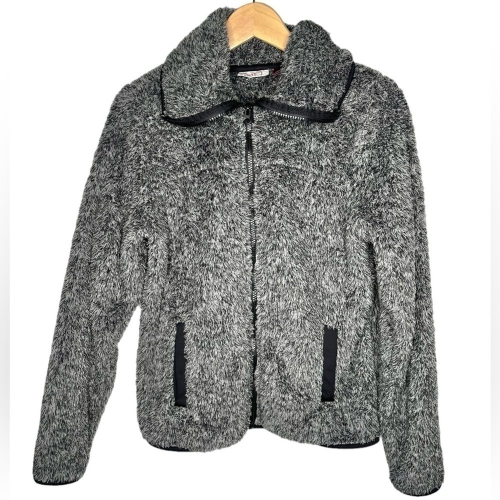Womens So Heritage Gray And Black faux fur full zip jacket Sz S